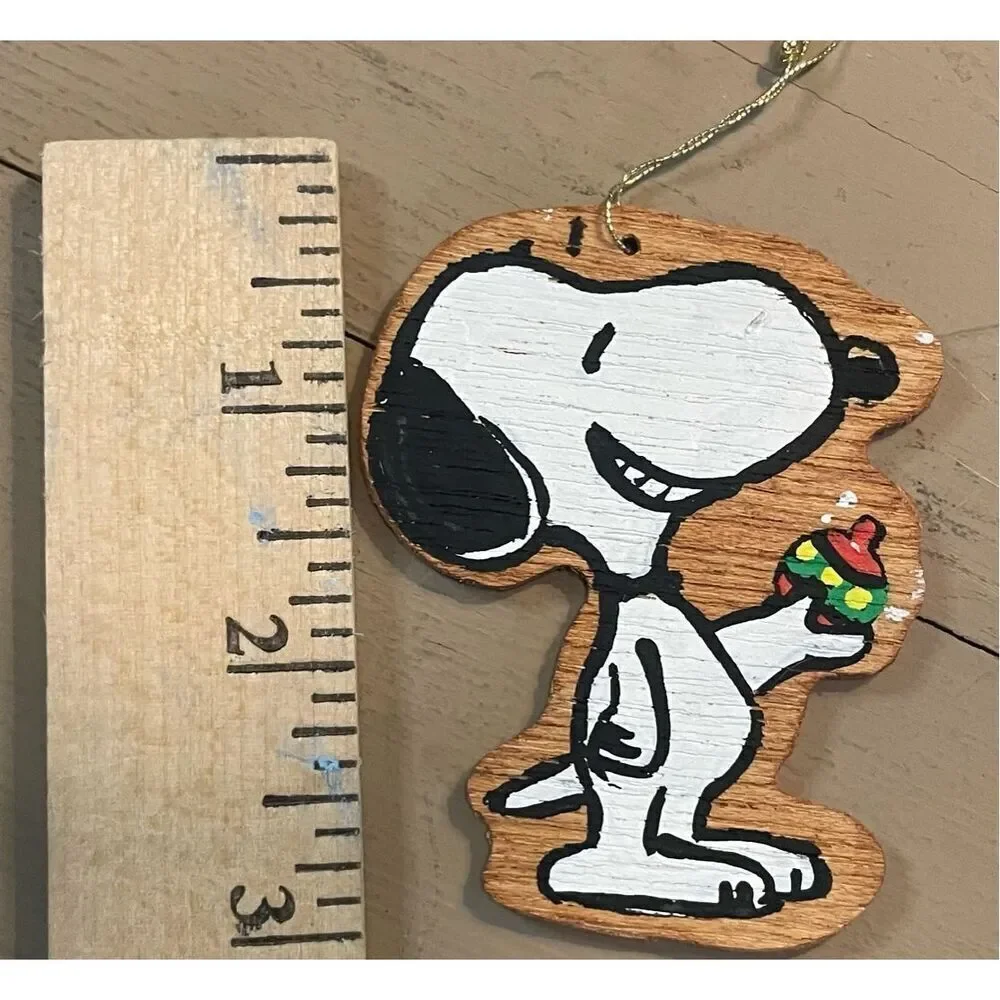 Vtg Snoopy Handpainted‎ Both Sides Wood Christmas Hanging Ornament Brown White